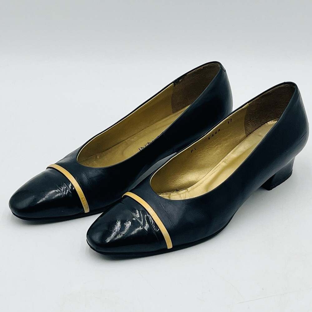 Vintage Yves Saint Laurent YSL Pumps Black Leather Patent Cap Toe Japan 37